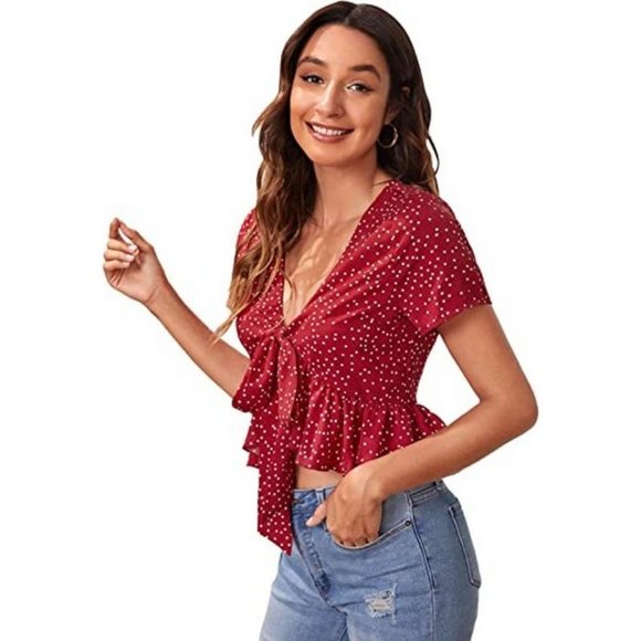 𝅺WOMEN'S Deep V Neck Self Tie Crop Top Blouse Red Polka Dot - Picture 1 of 5